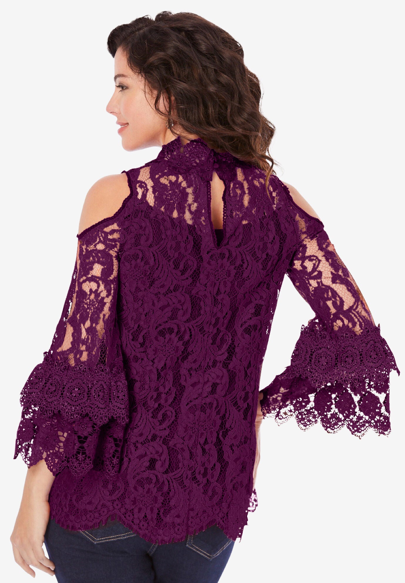 Lace Cold-Shoulder Top, IVORY, on-hover image number 1