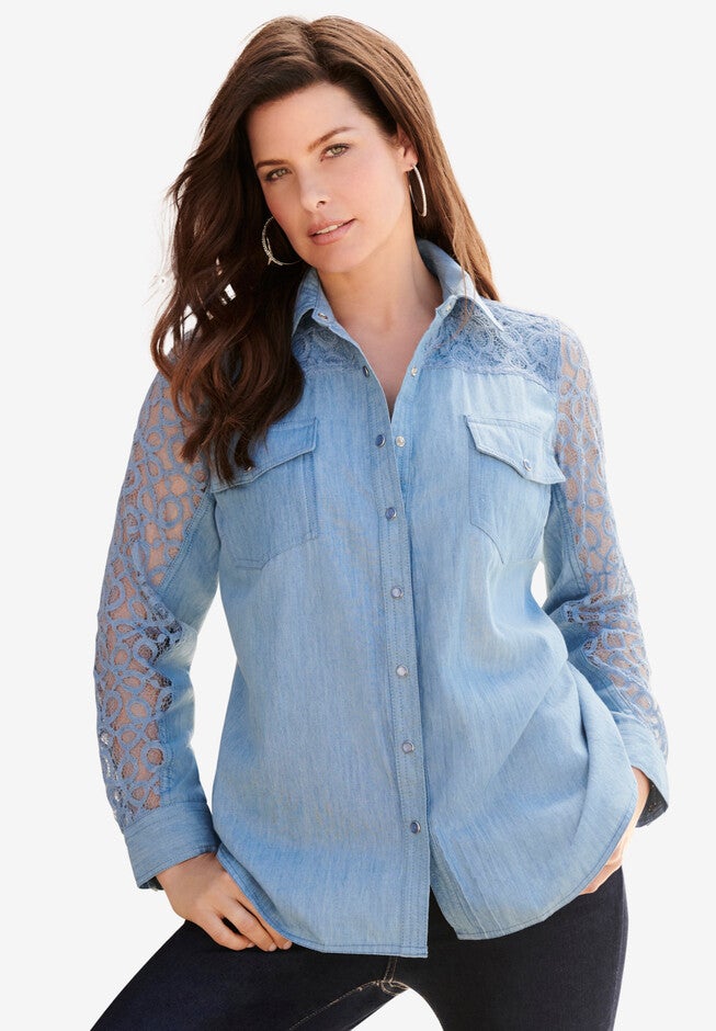 Lace-Sleeve Denim Big Shirt, LIGHT STONEWASH, hi-res image number 0