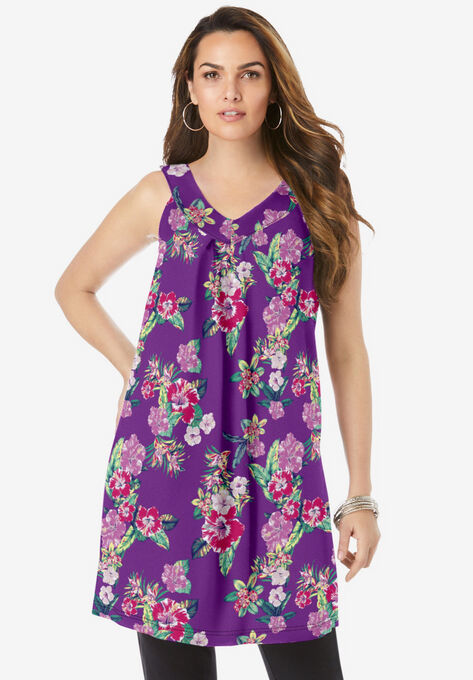 Swing Ultimate Tunic Tank, PURPLE MAGENTA HIBISCUS FLORAL, hi-res image number null