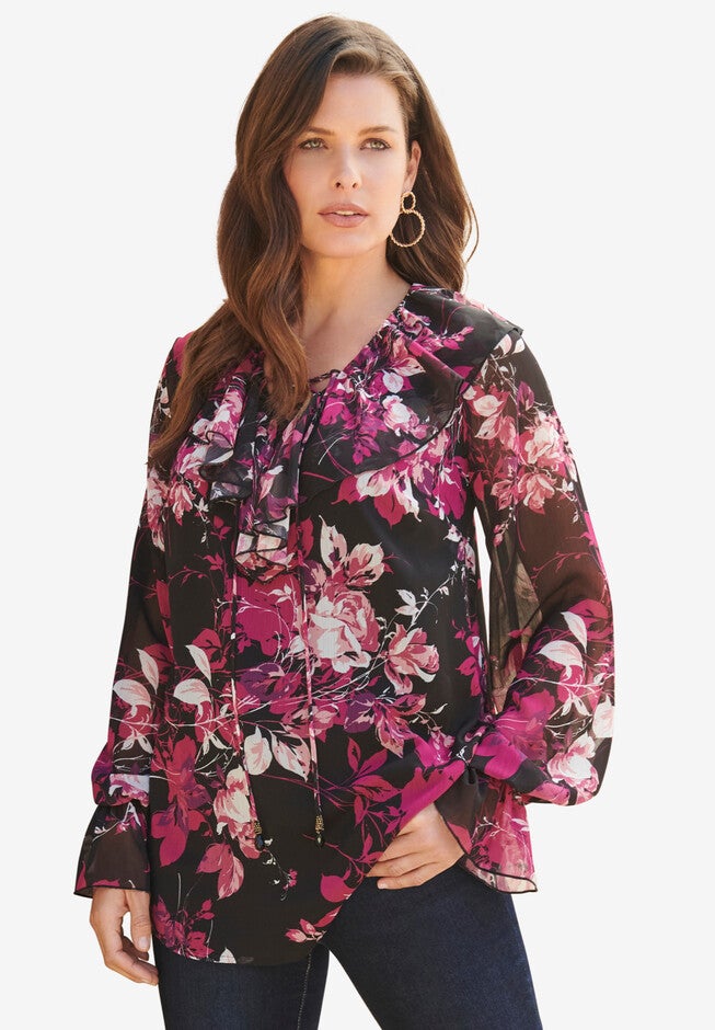 Ruffle Lace-Up Top, BLACK BERRY BOUQUET, hi-res image number 0