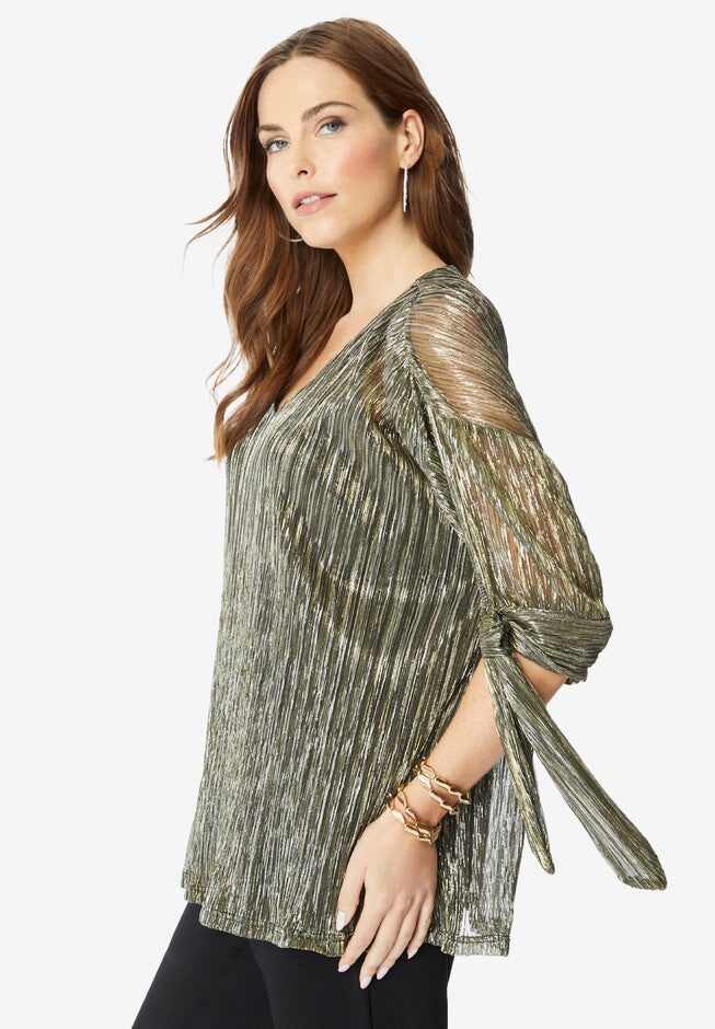 V-Neck Tie-Sleeve Plisse Blouse, , alternate image number null