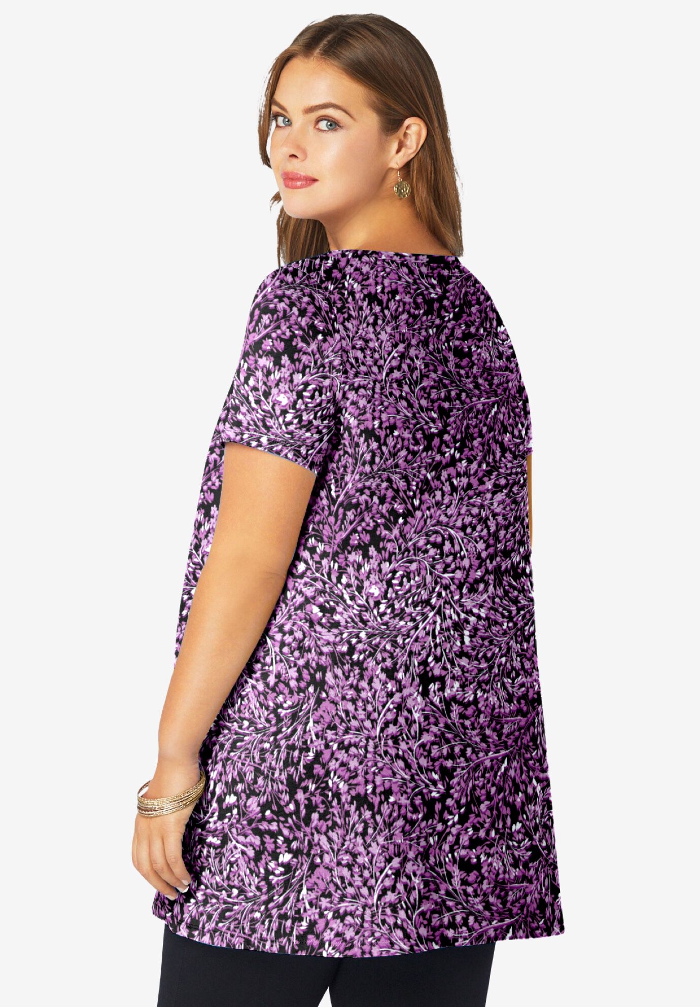 Plus Size Cotton Ultimate Scoopneck Swing Tunic, MAGENTA SWIRLY LEAVES, alternate image number 2