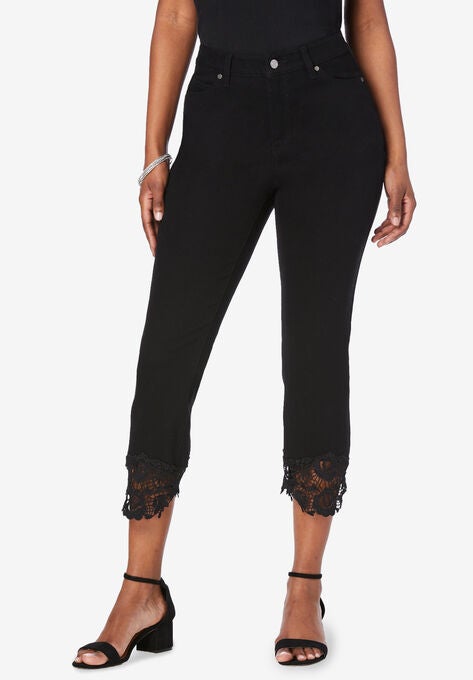 Lace Hem Crop Flare Jean, BLACK, hi-res image number null