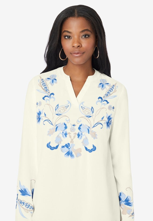 Notch-Neck Embroidered Blouse, , alternate image number null