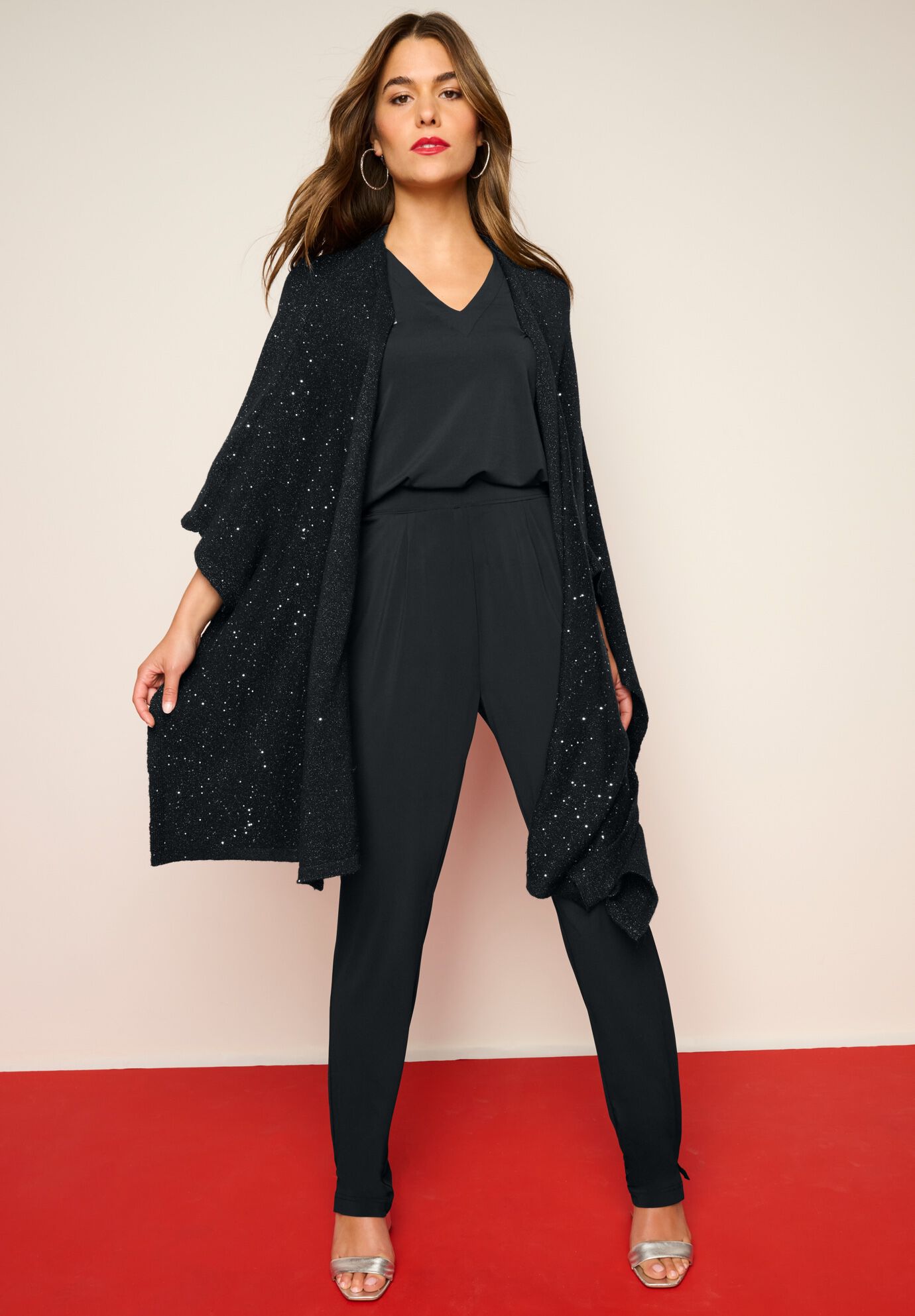 Sequin Poncho, BLACK, on-hover image number 1