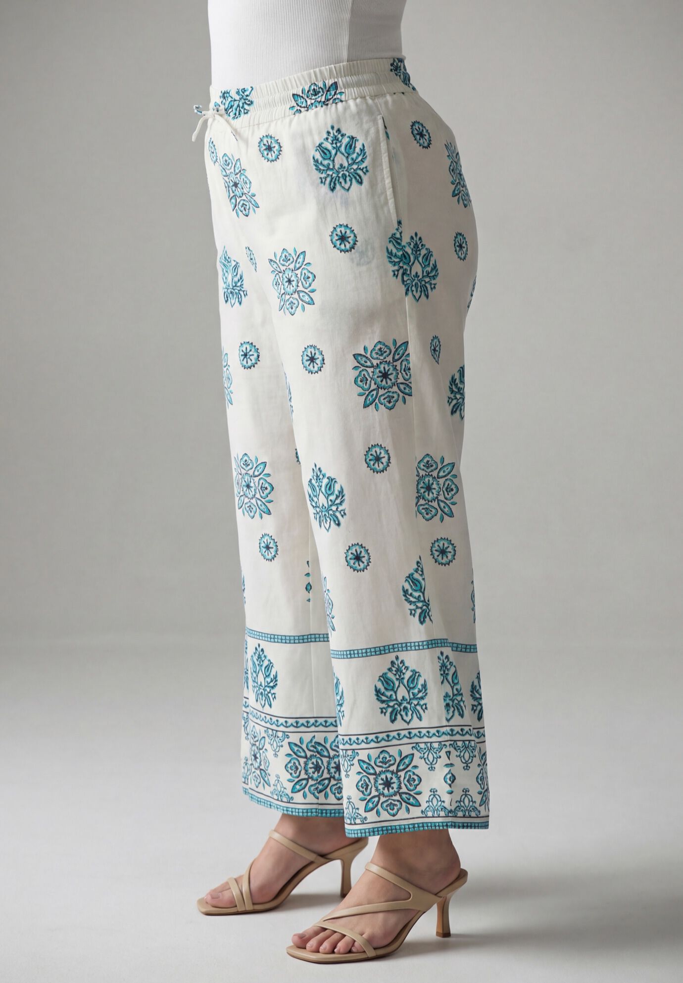 Plus Size Wide Leg Cotton Crop Pant, WHITE MULTI MEDALLION BORDER, alternate image number 3