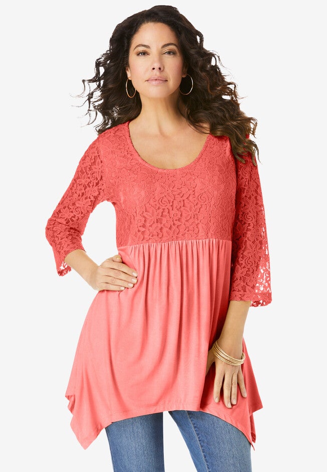Lace-Trim Ultra Femme Tunic, SUNSET CORAL, hi-res image number 0