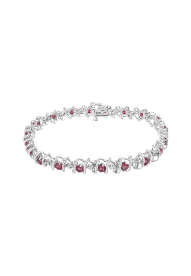 Sterling Silver Gemstone & Round Diamond Tennis Bracelet Pink Tourmaline October Birthstone, , on-hover image number 1