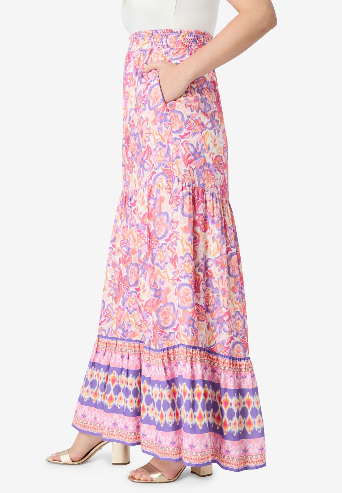 Plus Size Tiered Maxi Skirt, FLORAL IKAT BORDER, alternate image number 2
