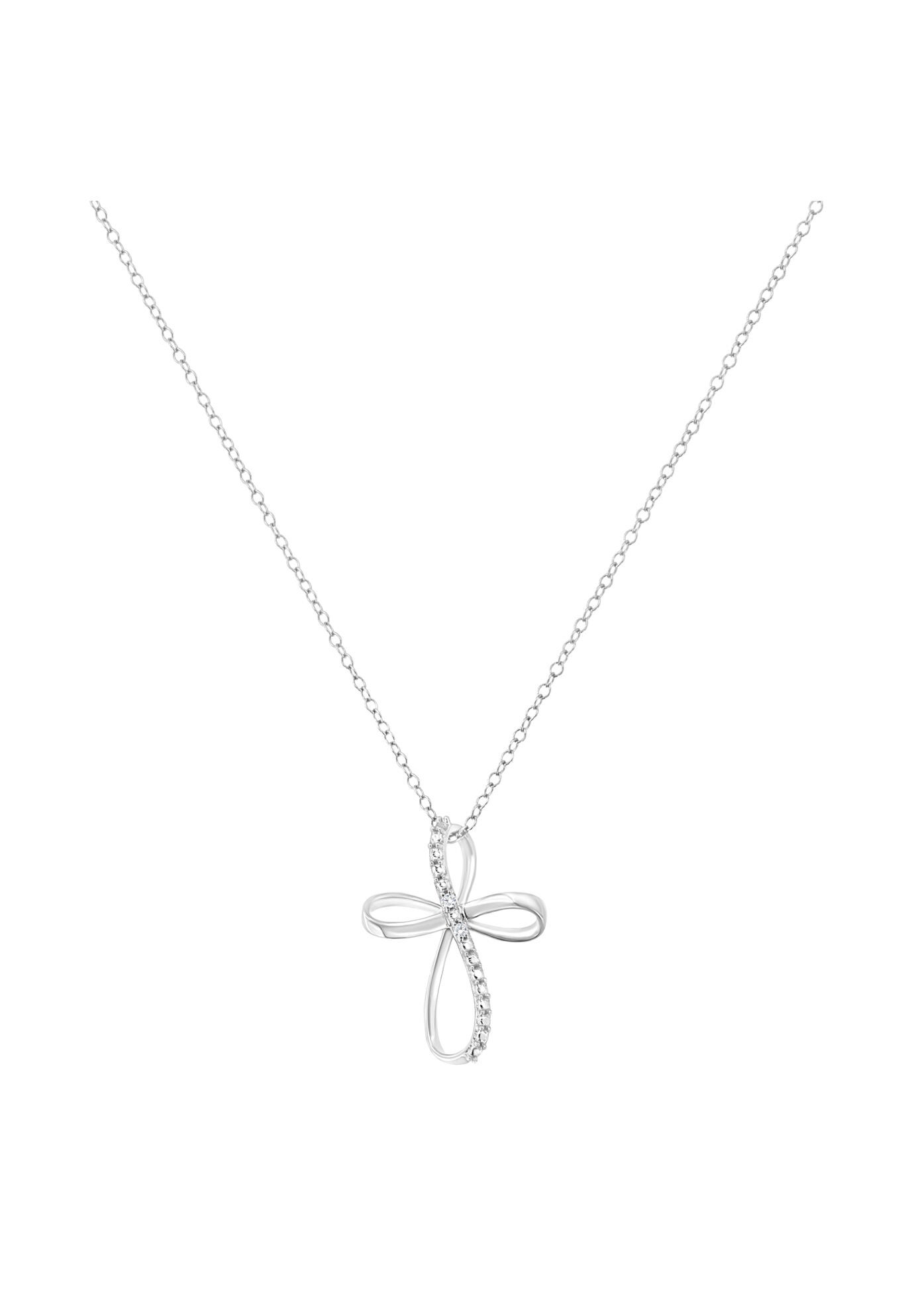 Sterling Silver Diamond Accent Cross Ribbon Pendant Necklace, , on-hover image number 1