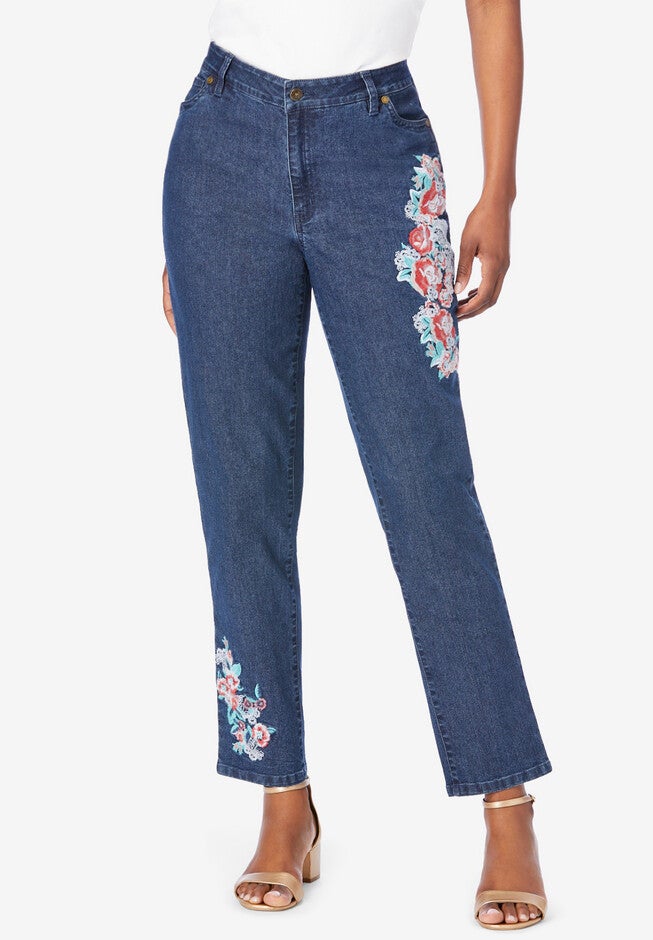 Embroidered Straight Leg Jean with Invisible Stretch® By Denim 24/7, SUNSET CORAL BLOOM EMBROIDERY, hi-res image number null
