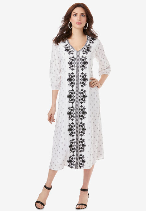 Embroidered Long Dress, WHITE BLACK MEDALLION EMBROIDERY, hi-res image number null