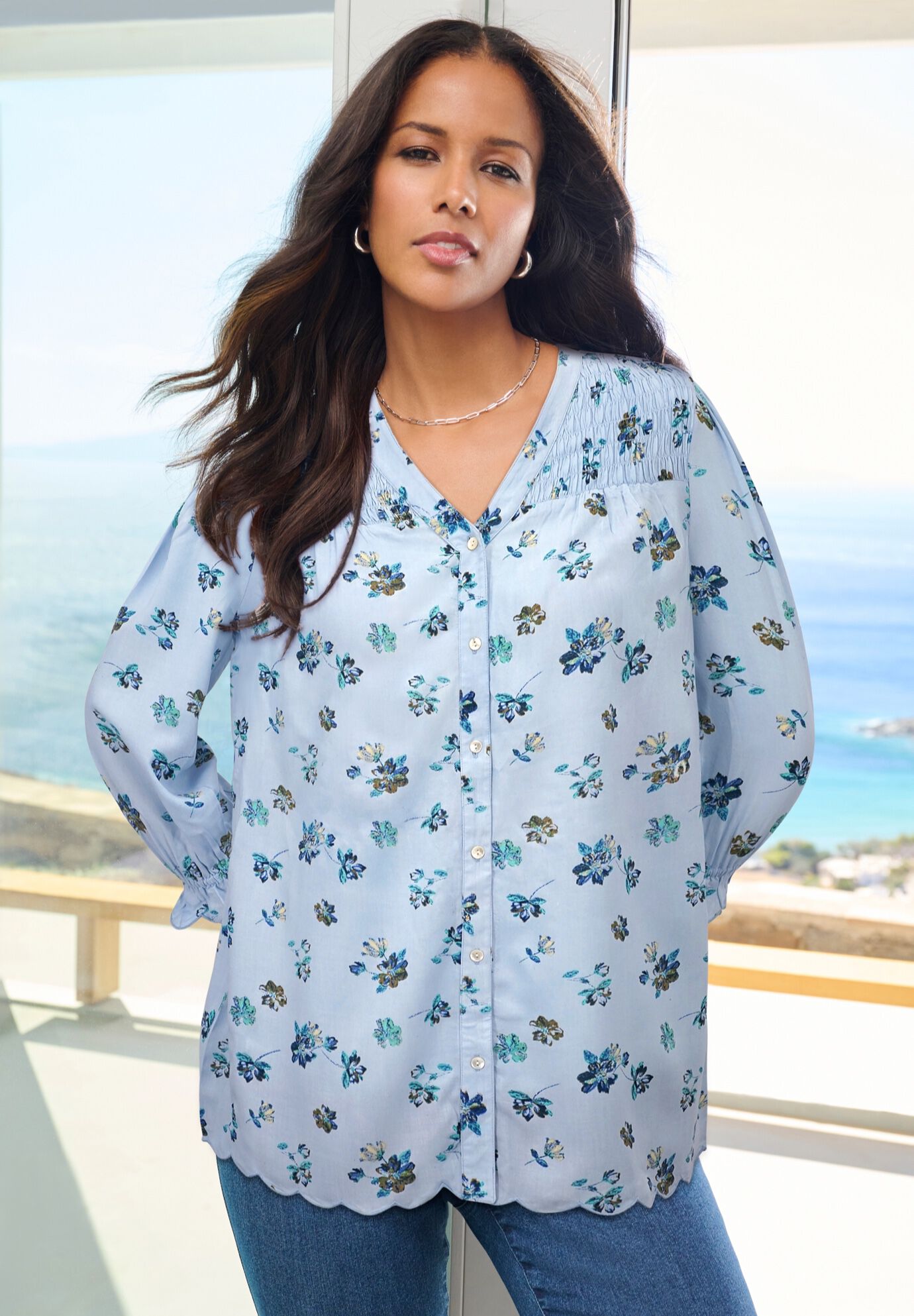 Blouson-Sleeve Smocked Tunic, , alternate image number 1