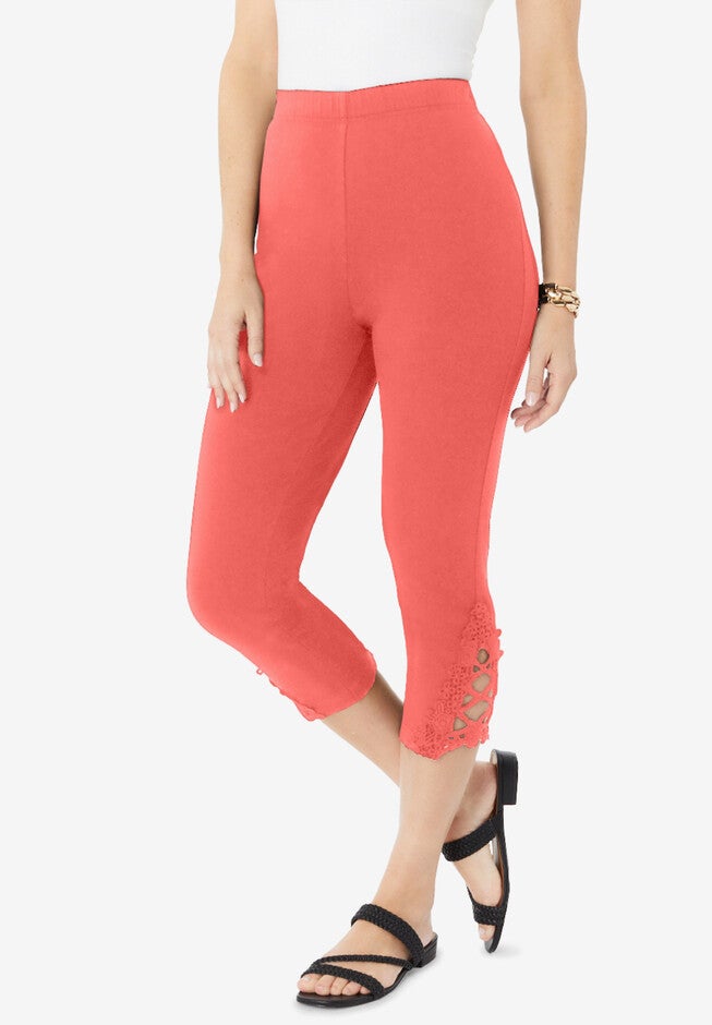 Lace-Appliquéd Capri Leggings, SUNSET CORAL, hi-res image number 0