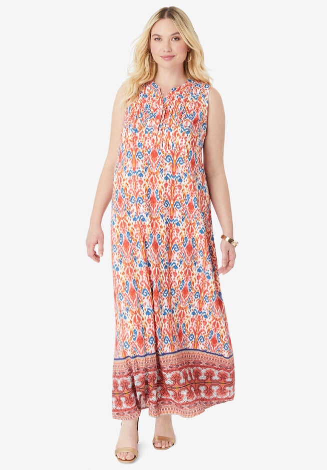 Sleeveless Relaxed A-Line Dress, STRAWBERRY IKAT BORDER, hi-res image number null