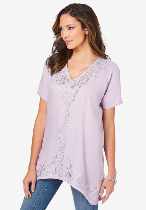 Embellished High-Low Tunic, LAVENDER SCROLL EMBROIDERY, hi-res image number null