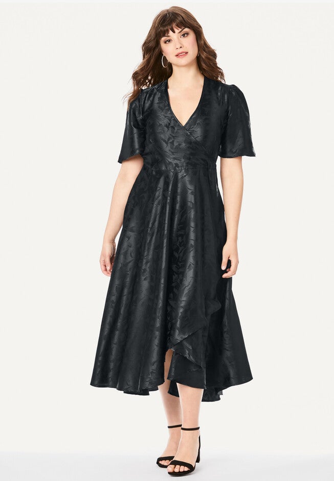Faux-Wrap Satin Dress, BLACK, hi-res image number null