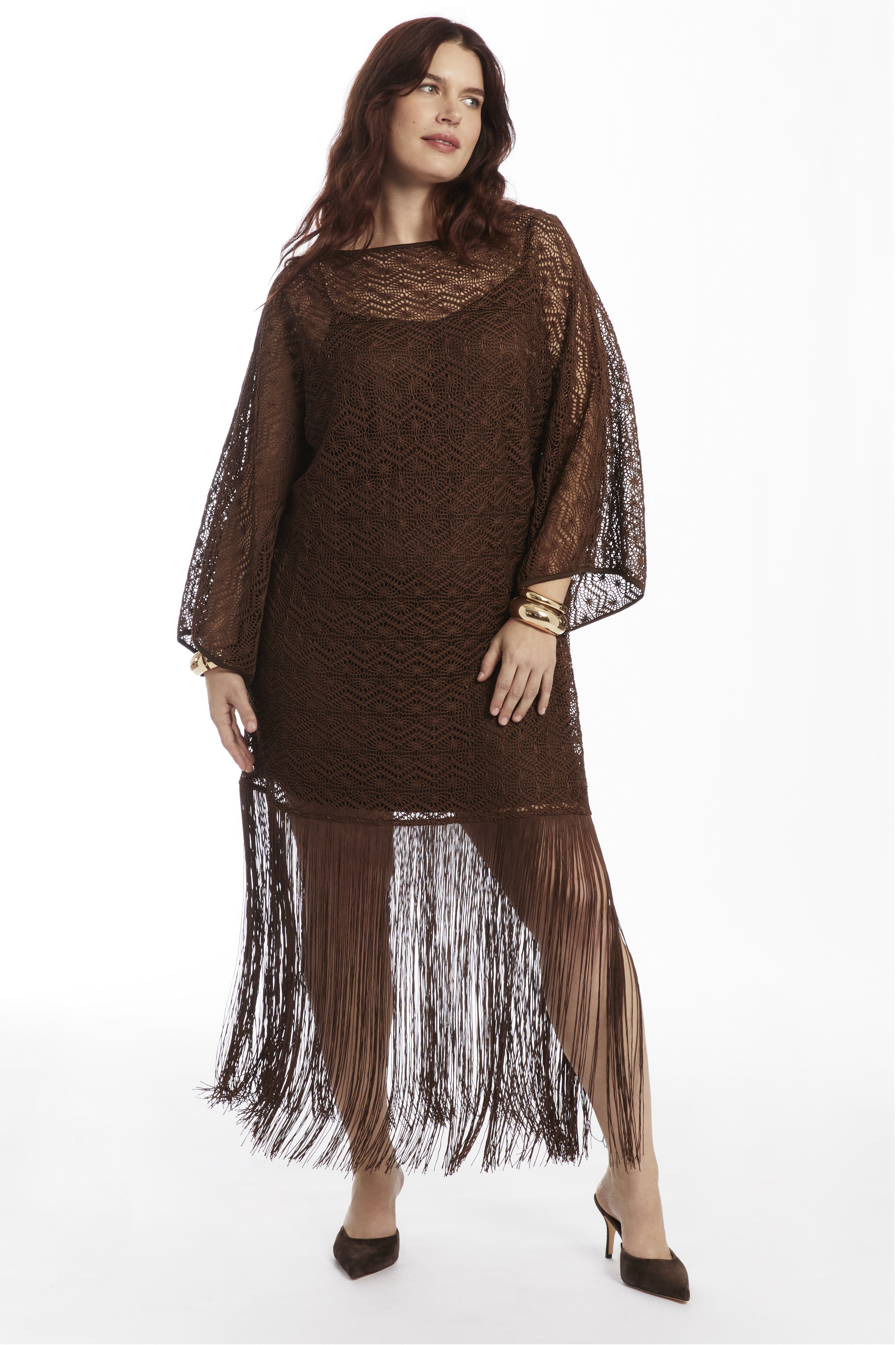 Lace Kimono Dress with Fringe, CHESTNUT, on-hover image number 1