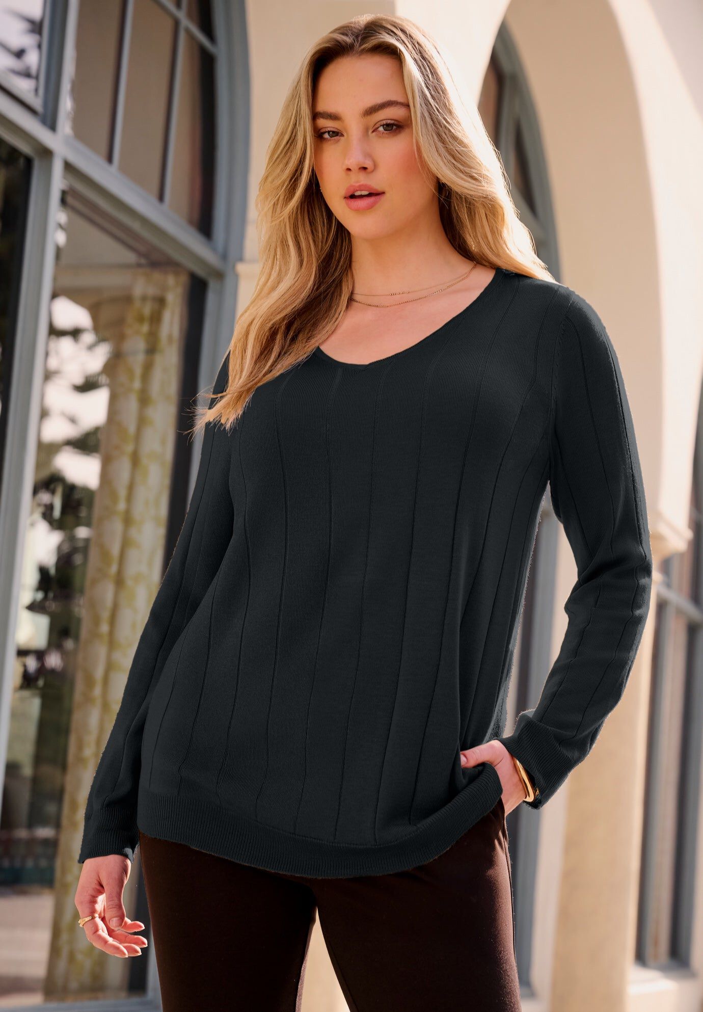 Plus Size Drop Needle V-Neck Lightweight Sweater Knit, BLACK, hi-res image number 0
