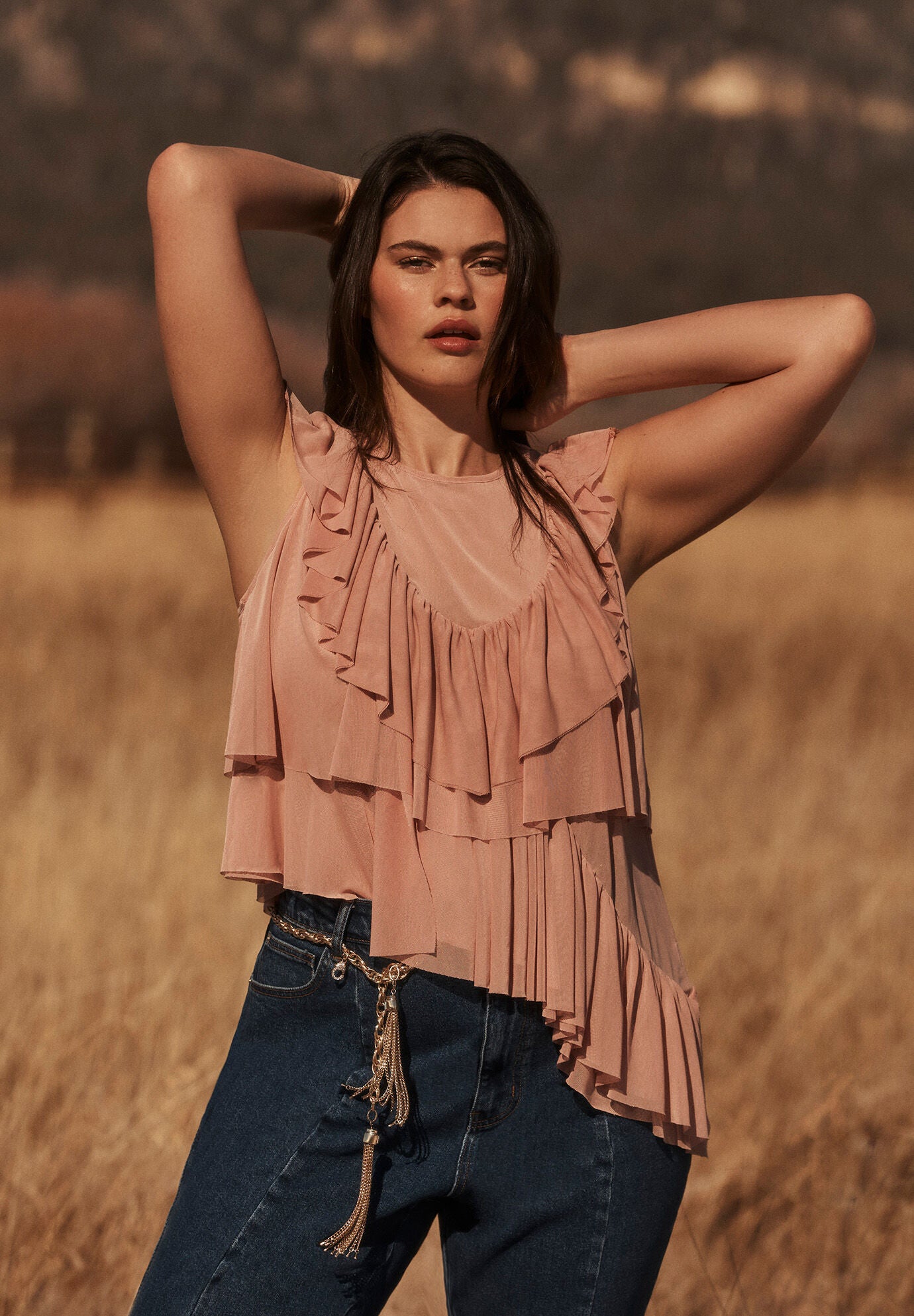 Asymmetric Ruffle Mesh Top, SEPIA ROSE, alternate image number 4