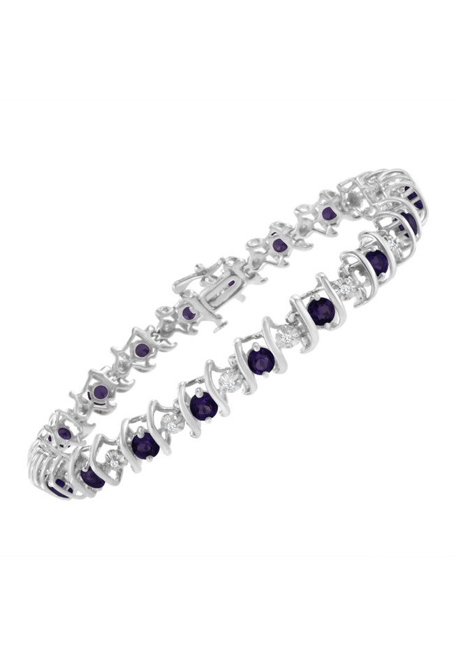 Sterling Silver Gemstone & Round Diamond Tennis Bracelet Purple Amethyst February Birthstone, , alternate image number null