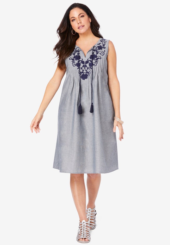 Embroidered Chambray Dress, NAVY VINE EMBROIDERY, hi-res image number 0