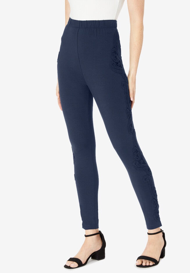 Lace Applique Side-Seam Legging, NAVY, hi-res image number null
