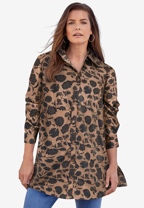 Kate Tunic Big Shirt, BROWN SUGAR STAMPED FLORAL, hi-res image number null