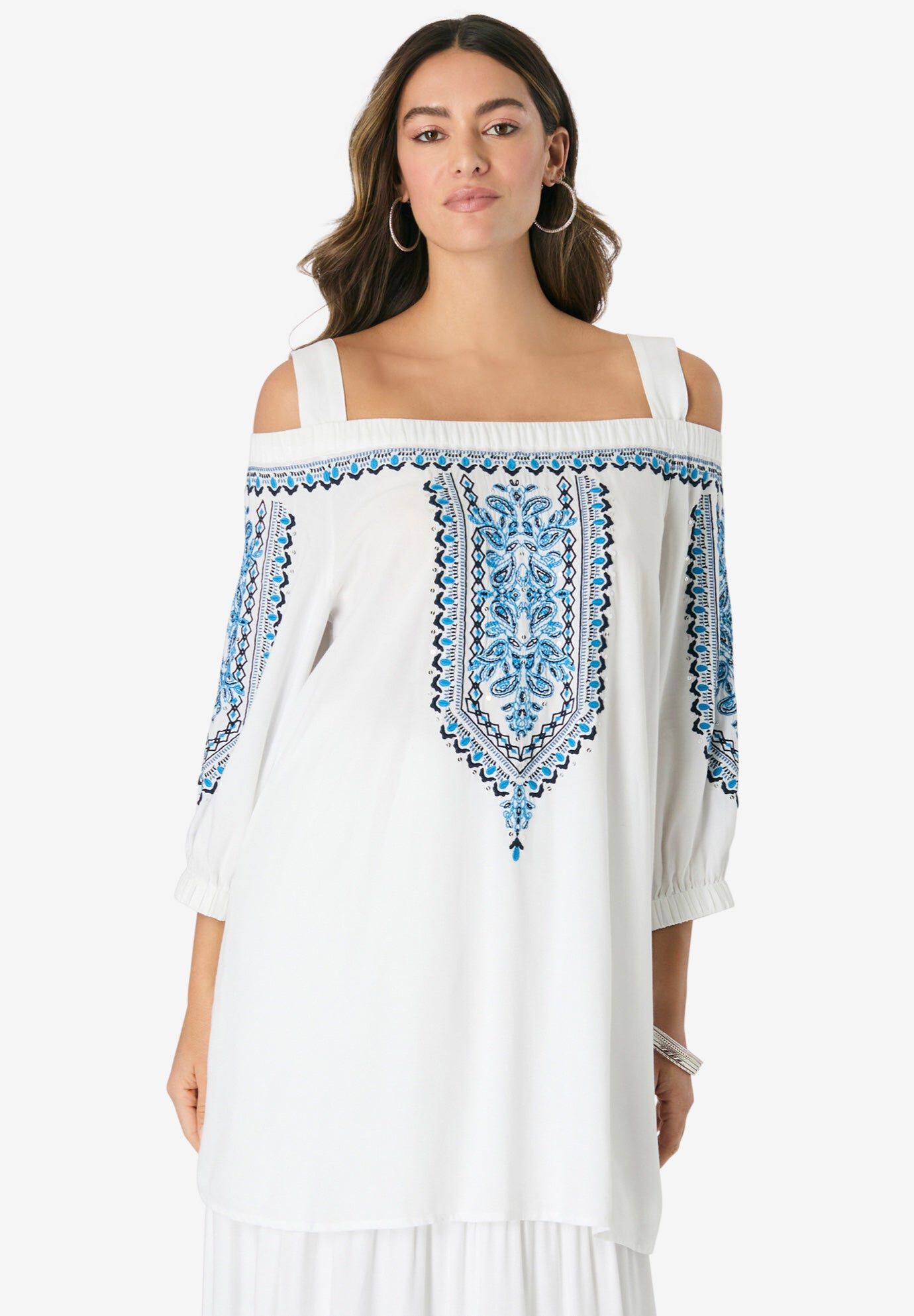 Off-The-Shoulder Embroidered Top, WHITE PORCELAIN PAISLEY, hi-res image number 0