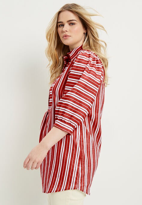 Half Button-Down Lino Soleil Tunic, PEPPER RED VERTICAL STRIPE, hi-res image number null