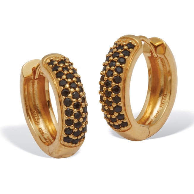 Genuine Black Spinel Yellow Gold-Plated Sterling Silver Huggie Hoop Earrings, BLACK, hi-res image number 0