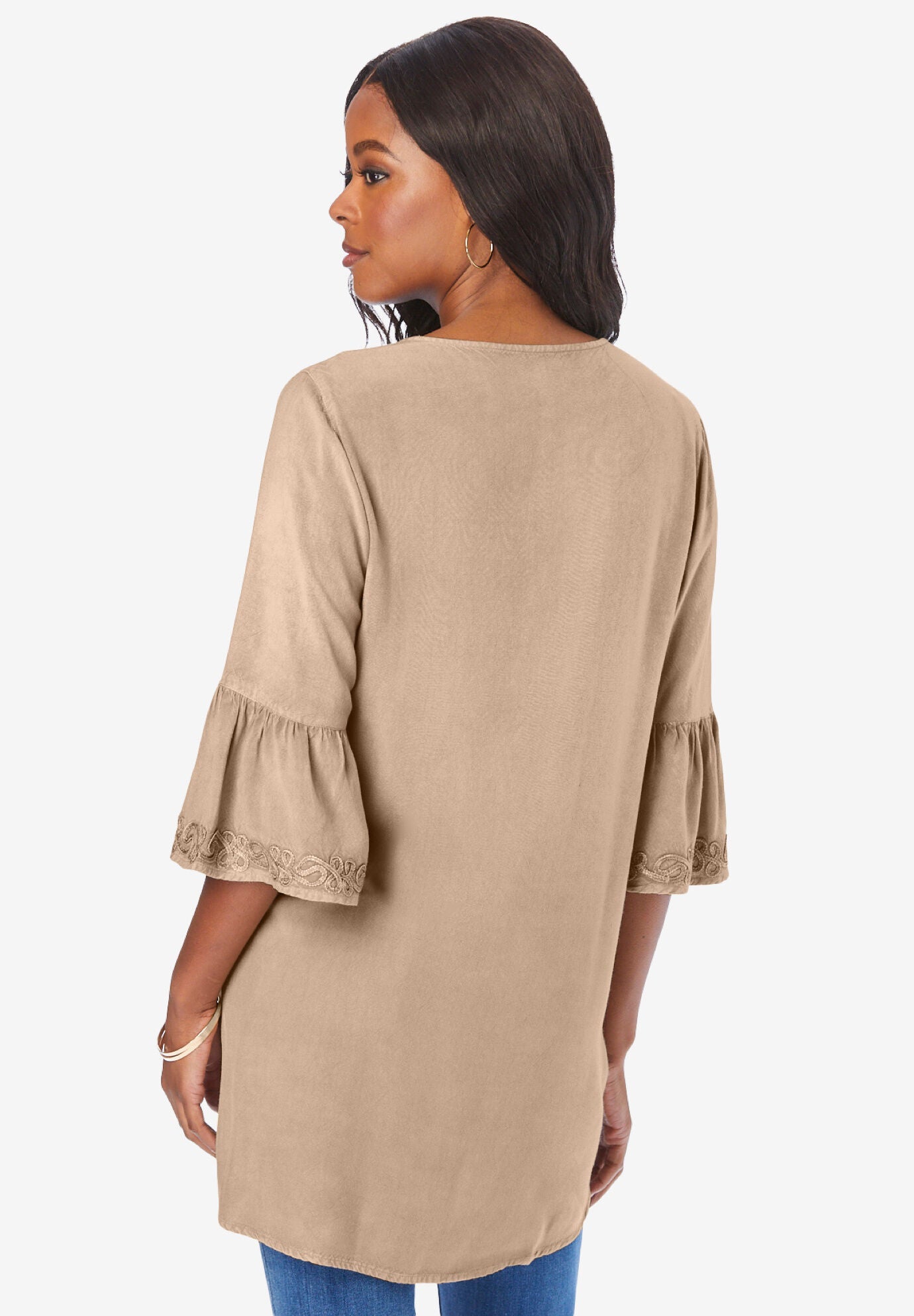 Embroidered Ruffle-Trimmed Acid Wash Tunic, , on-hover image number 1