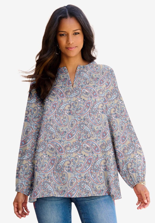 Notch-Neck Printed Blouse, NEW KHAKI PAISLEY, hi-res image number null