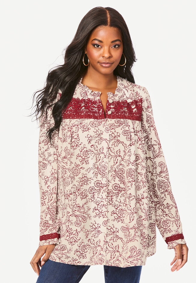 Printed Button-Down Top, IVORY ETCHED FLOWER, hi-res image number null
