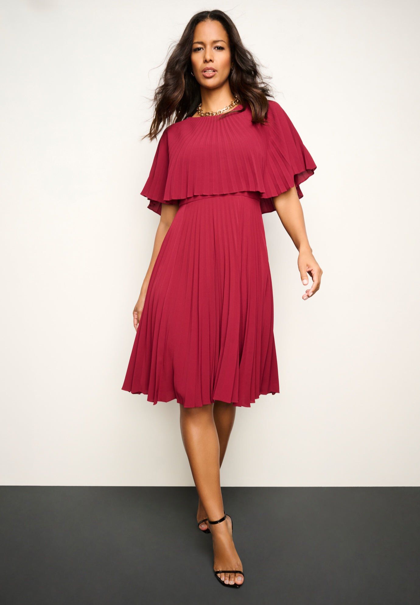 Crepe Pleated Cape Dress, WINE, hi-res image number 0