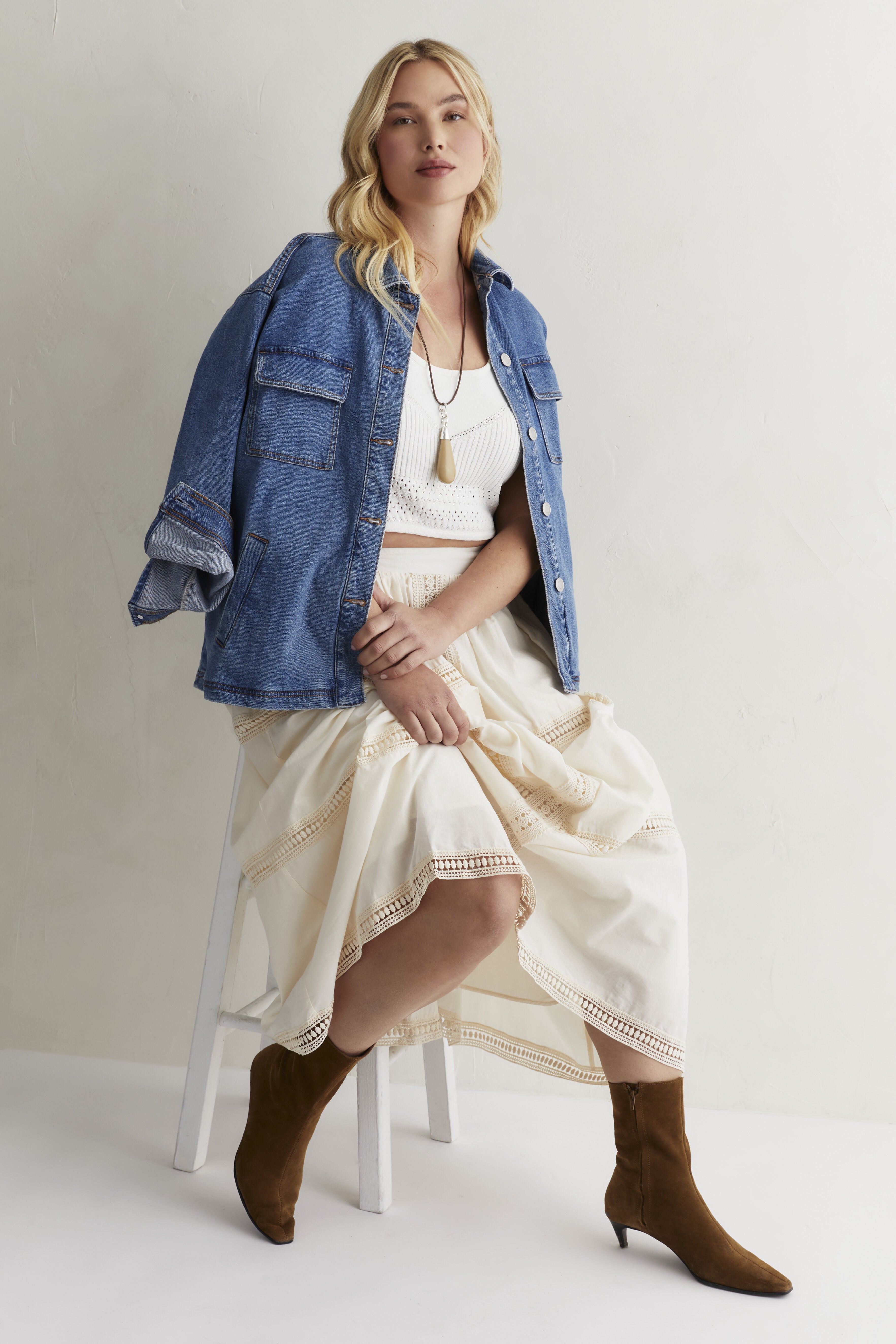 Lace Insert Midi Skirt, WARM CREAM, alternate image number 3