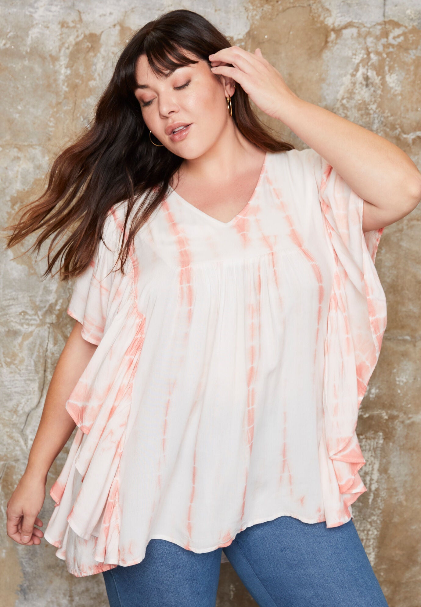 Flutter-Sleeve Swing Blouse, SOFT BLUSH TIE DYE, hi-res image number 0