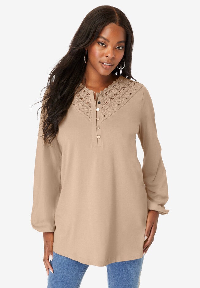 Lace Henley Top, NEW KHAKI, hi-res image number null