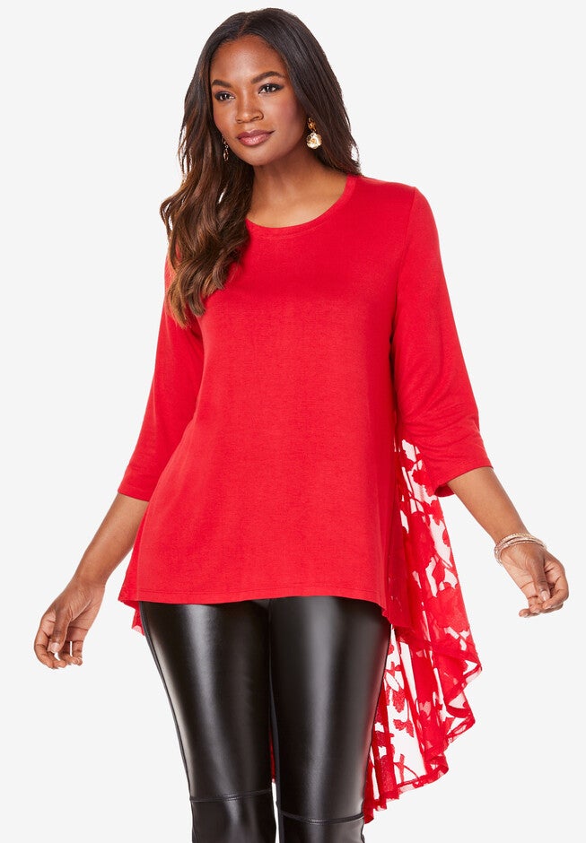 Three-Quarter Georgette-Back Tunic, VIVID RED, hi-res image number null