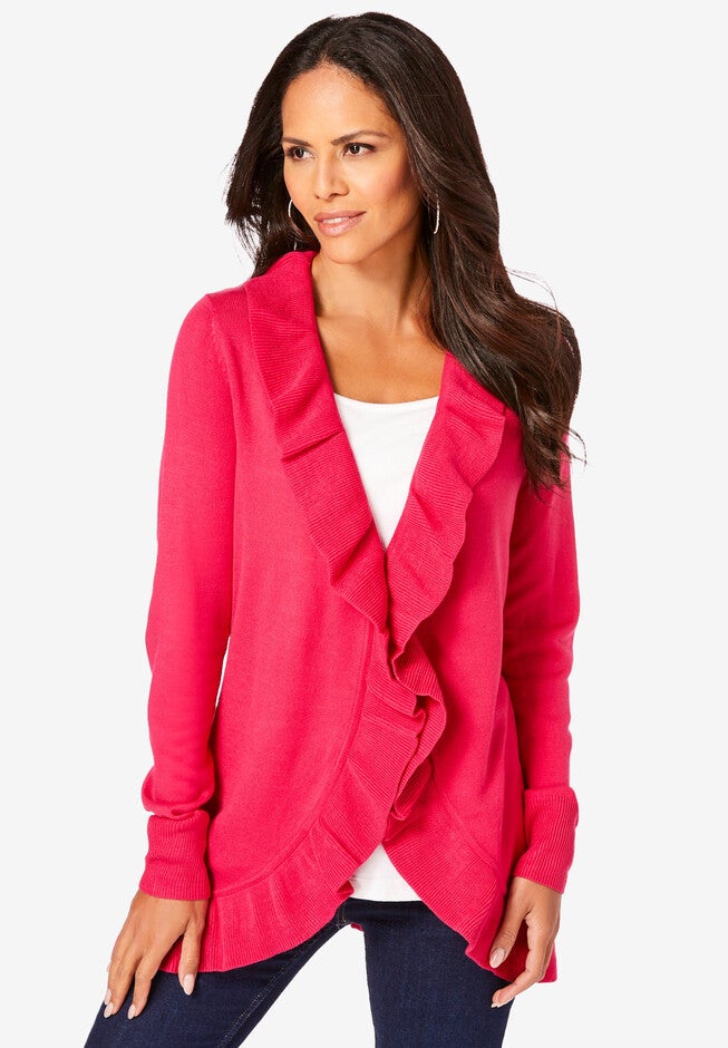 Fine Gauge Ruffled Cardigan, PINK BURST, hi-res image number null
