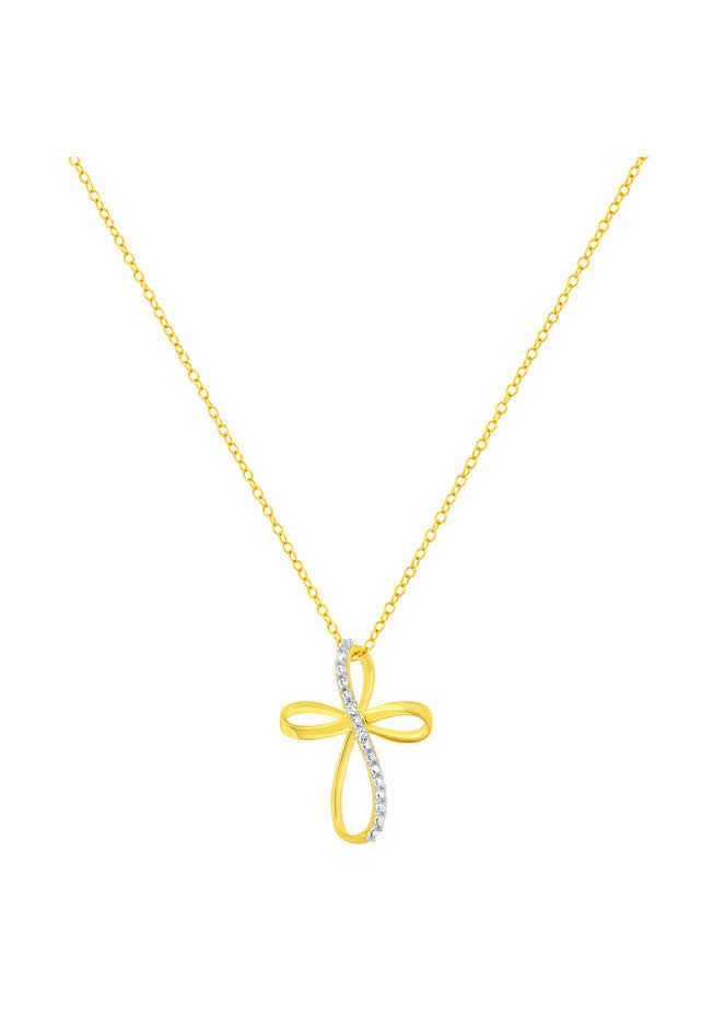 Yellow Gold Plated Sterling Silver Diamond Accent Cross Ribbon Pendant Necklace, , on-hover image number 1