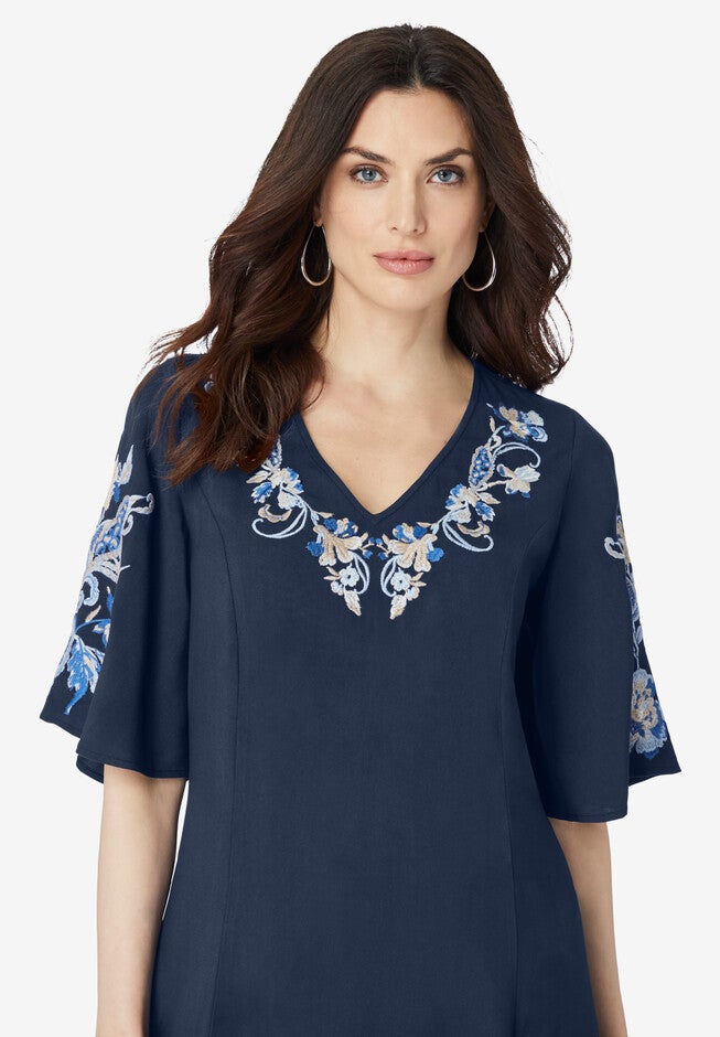 Flutter-Sleeve Embroidered Midi Dress, , alternate image number null