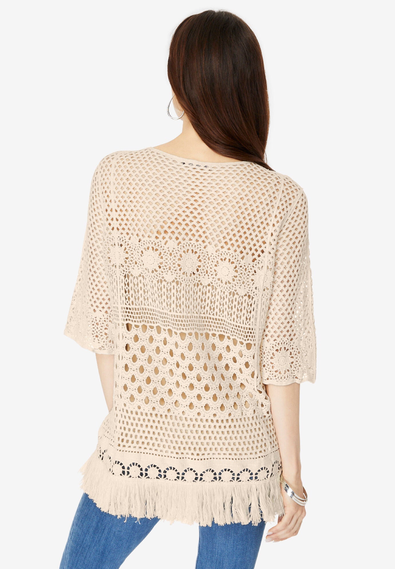 Fringed Crochet Sweater, OATMEAL, on-hover image number 1