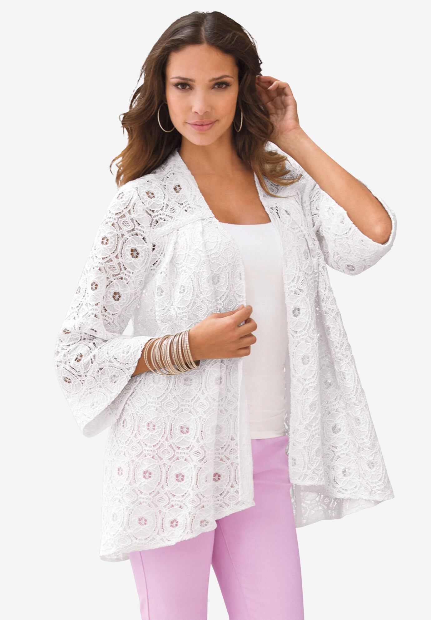 Plus Size Lace Three-Quarter Sleeve Swing Jacket, WHITE, hi-res image number 0