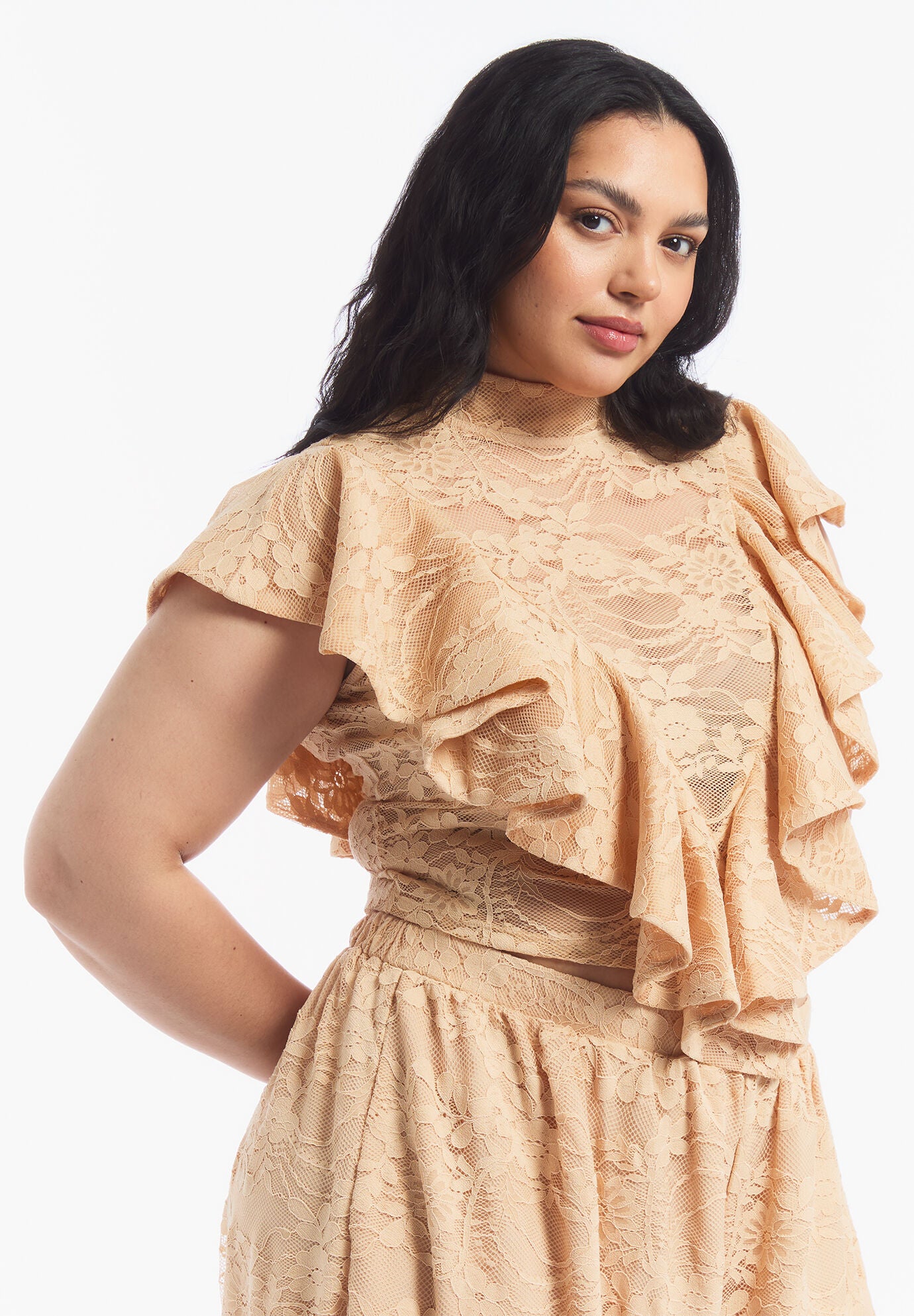 Floral Lace Ruffle Top, MELLOW BUFF, alternate image number 3