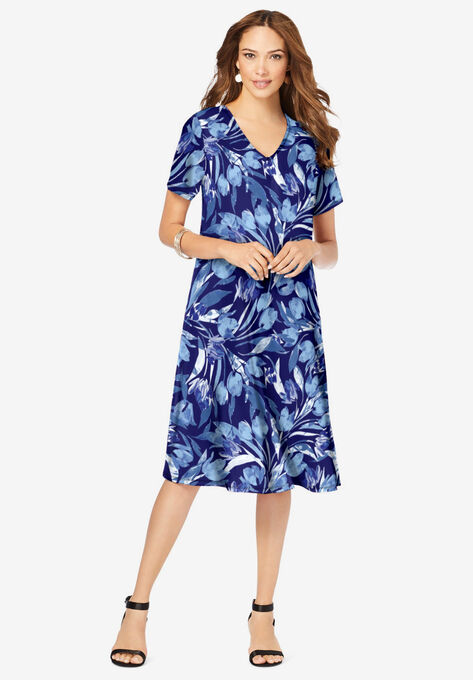 Ultrasmooth® Fabric V-Neck Swing Dress, NAVY WATERCOLOR TULIP, hi-res image number null