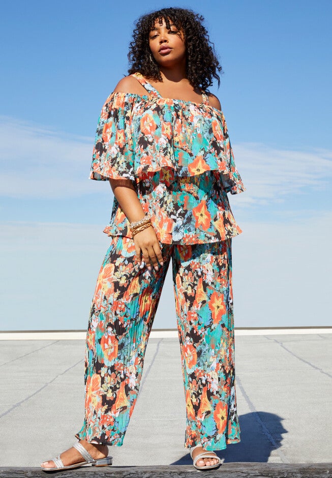 Removable-Strap Ruffle Top, BLACK TROPICAL FLOWERS, hi-res image number null