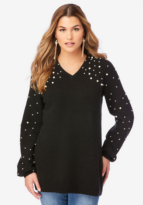 Embellished Pullover Sweater with Blouson Sleeves, BLACK, hi-res image number null