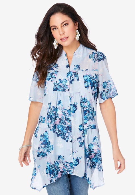Short-Sleeve Floral Blouse, PALE BLUE BLOOMING ROSE, hi-res image number null