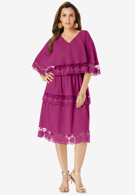Tiered-Lace Crinkle-Knit Gauze Dress, RASPBERRY, hi-res image number null